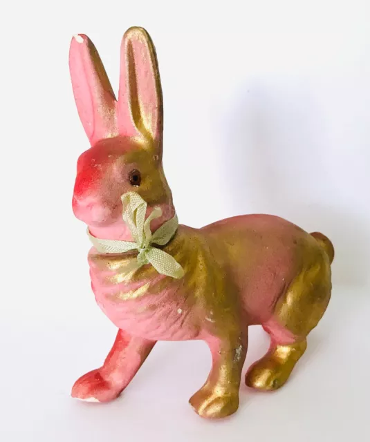 Antique Germany Paper Mache Rabbit Pink & Gold Candy Container Easter Bunny