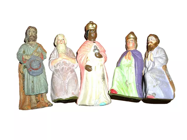 5 alte Krippenfiguren  aus Gips, 1 Figur aus Ton, alle 5 Figuren hohl, Höhe 8 cm