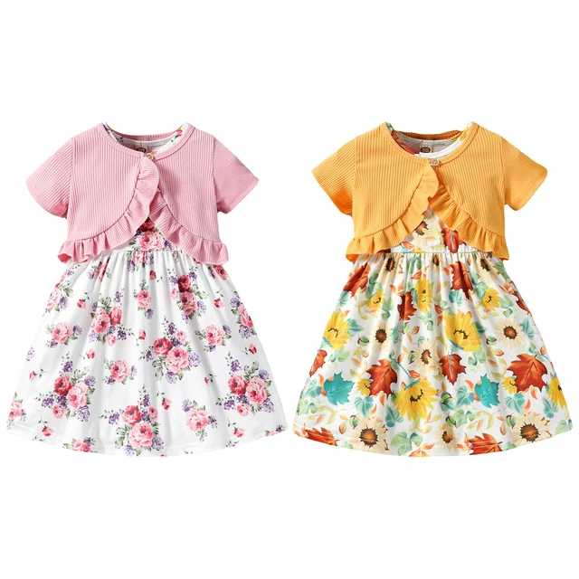 Girls Summer Dress Outfits Flower Printed Sundress with Short Sleeve Ruffle Tops