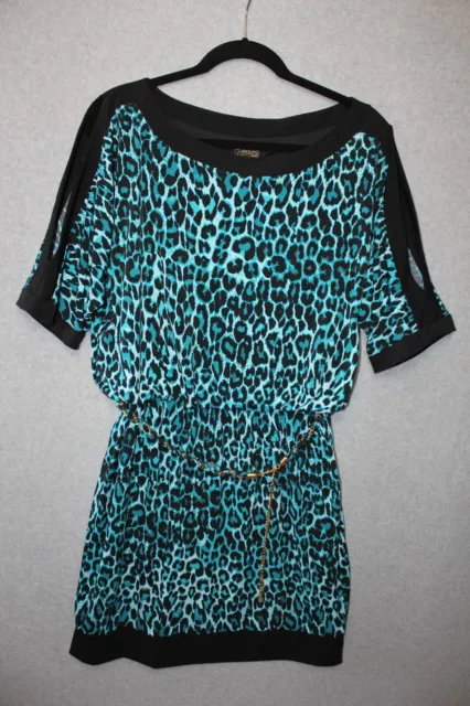 Thalia Sodi Medium Kimono Split Sleeve Belted Blue/Black Mini Leopard Dress