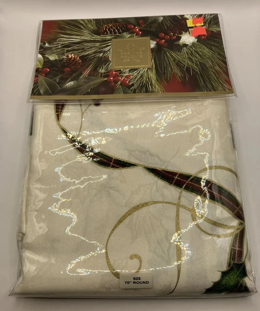 Mantel redondo Lenox for the Holidays 70" acebo y cinta ropa de mesa fina nueva