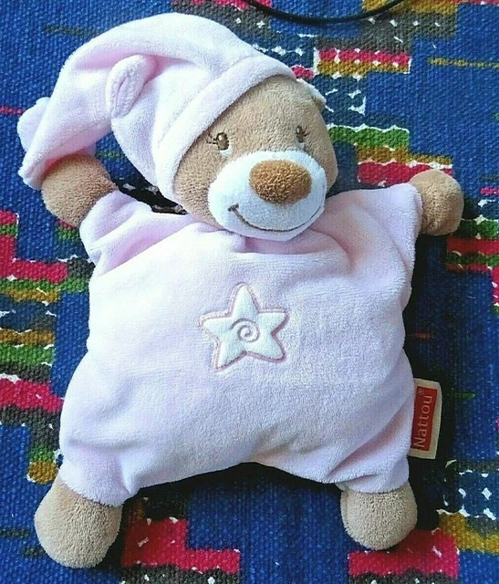 Kp/   Doudou Semi Plat Nattou Grelot Ours Marron Rose Blanc Etoile Ttbe