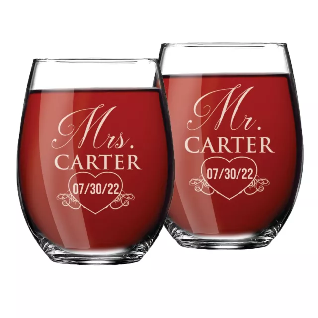 Set of 2 Mr and Mrs Personalized Stemless Wine Glasses