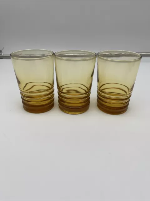 Set Of 3 Libbey Amber Yellow Juice Glasses Ringed Bottom 5 Oz Glass