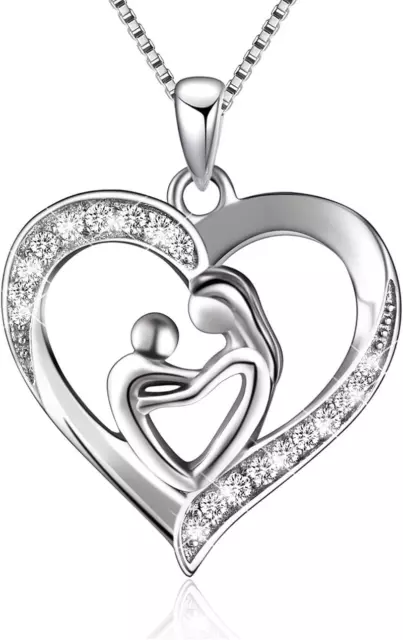 925 Sterling Silver Mother and Child Love Heart Pendant Necklace Mom Daughter Je