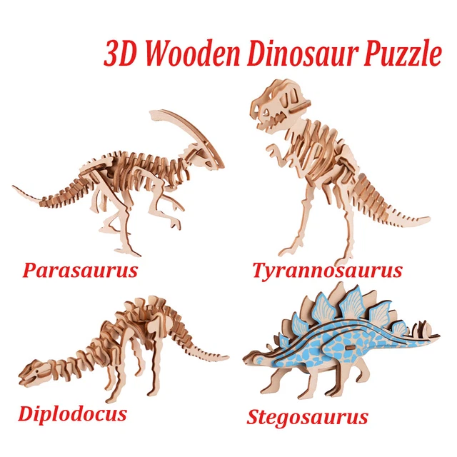 3D WOODEN DINOSAUR Puzzle 4 Piece Set Wood Dinosaur Skeleton Model