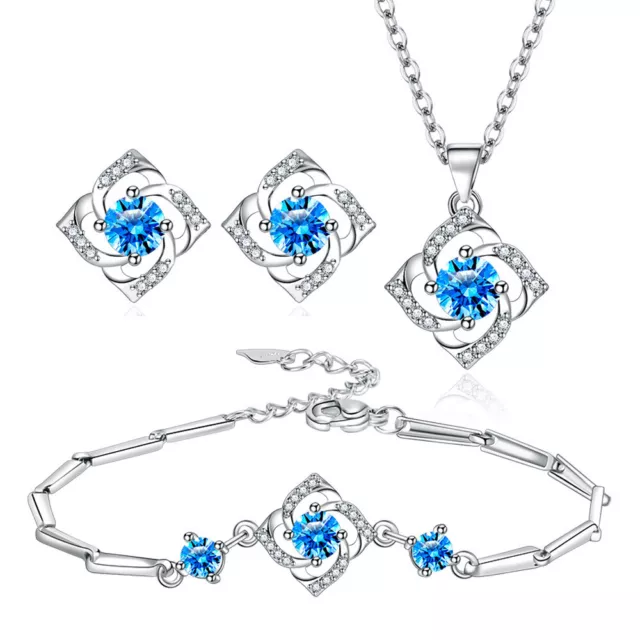 925 Sterling Silver Women Jewelry Set Crystal Zircon Bracelet Necklace Earrings