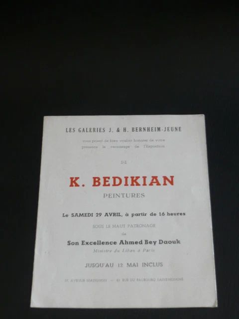 BEDIKIAN K  peintre arménien Carton Bernheim-Jeune 1950  Liban Marseille Turquie