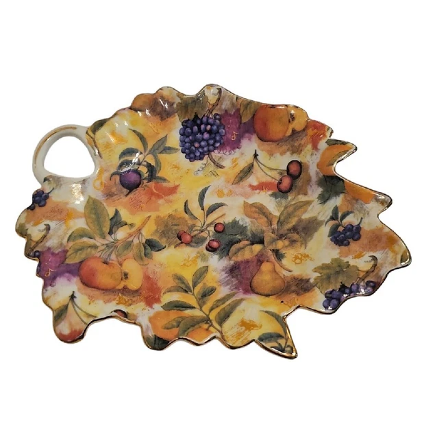 Royal Danube Leaf Shaped Nut Candy Dish Green with Fruit Print Gilt Trim