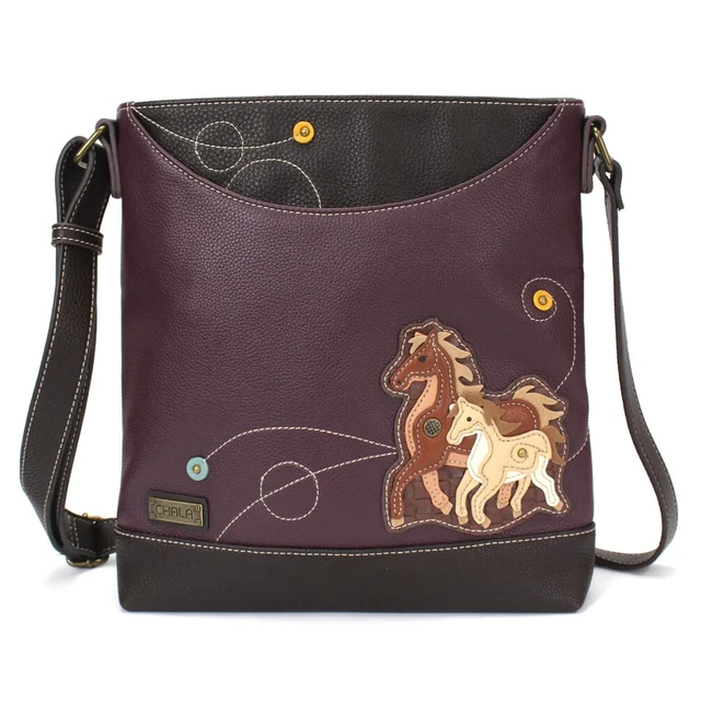 New Chala Plum Horse Family Sweet Messenger Crossbody Tote Purse Faux Leather