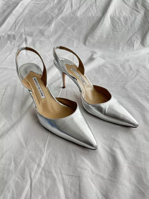 Manolo Blahnik CAROLYNE 70 Silver Nappa Leather Slingback Pumps Size 40 US 10 3