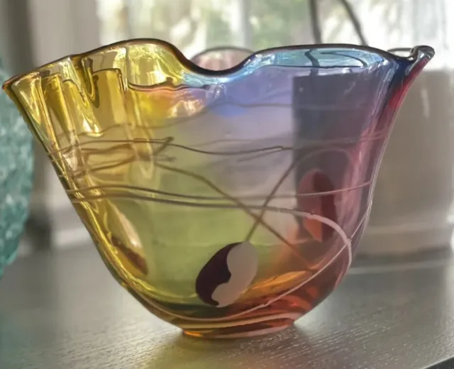 Adam Jablonski Signed Blown Crystal Glass Vase with Rainbow of Color, Vintage