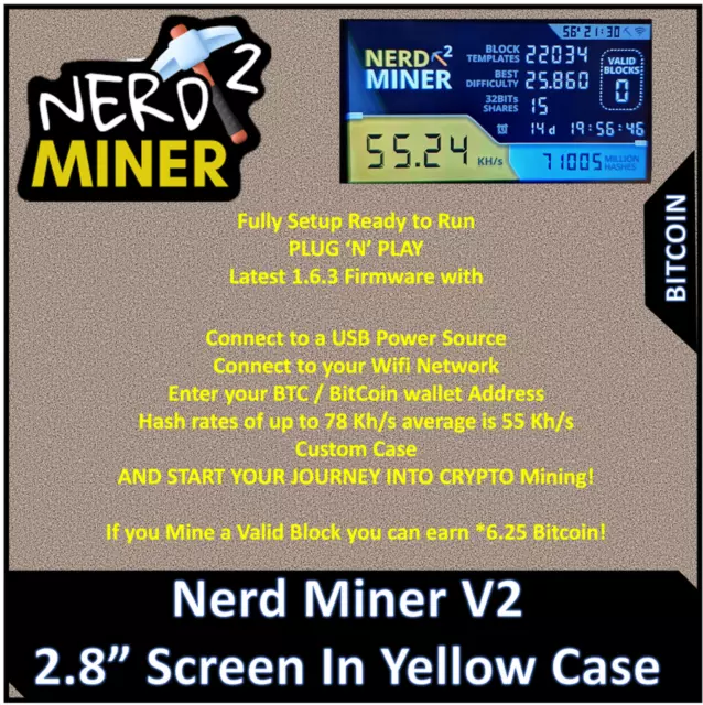 NerdMiner V2 Bitcoin BTC Lottery Miner 56K FW 1.6.3 Large screen YELLOW version