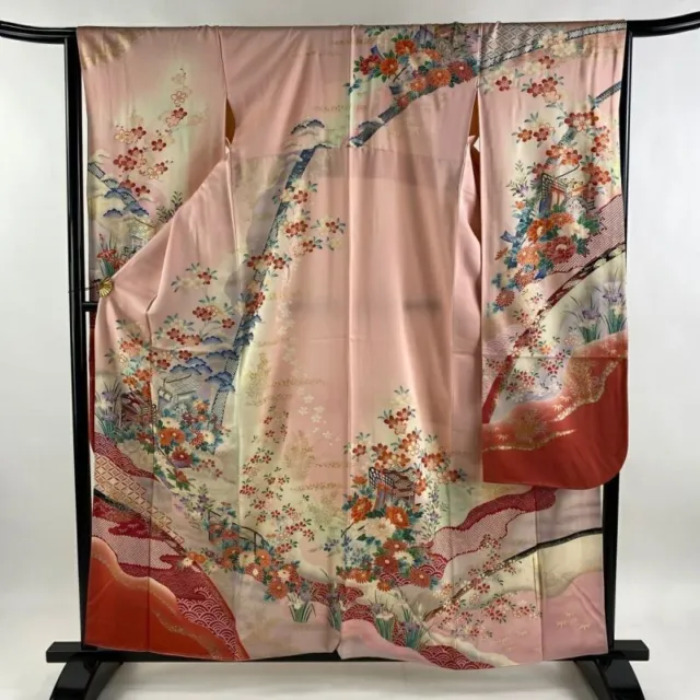 Japanese Kimono Furisode Pure Silk An Ox Drawn Coach Flower Gold Thread Pink