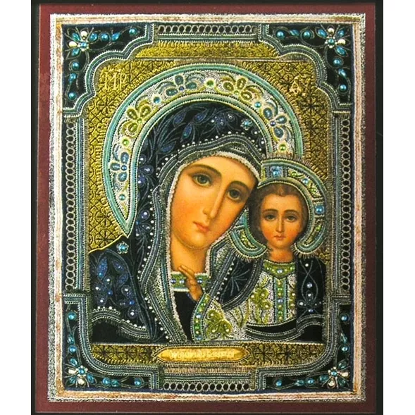 Russian wood icon Virgin of Kazan New !! Gold and Silver Foil