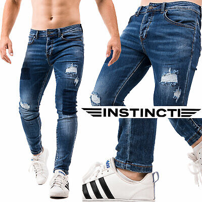 Jeans Uomo Slim Fit Skinny Strappati Pantalone con Strappi Stretto Stretch Blu