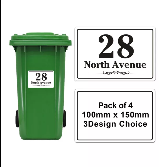 4x Wheelie Bin Numbers Personalised Bin Labels Custom House No.&Street Stickers