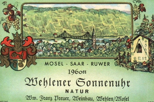 Lovely Bridge Wehlener Sonnenuhr Clock 1960er 60s Vtg German Wine Label Original