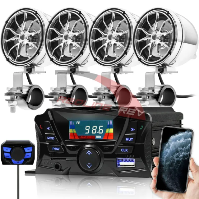 Bluetooth Motorcycle Stereo 4 Speakers Audio Amplifier System AUX USB FM UTV ATV
