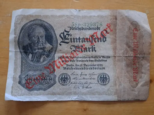 Alter Geldschein,Reichsbanknote,1000 Mark,roter Überdruck 1 Milliarde Mark