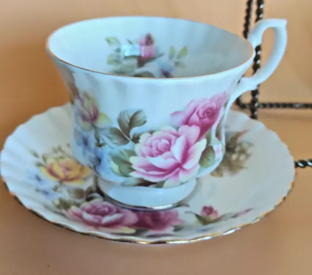 Royal Albert Footed Montrose Teacup And Saucer Set Pink & Yellow Roses