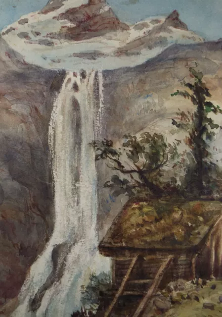 Original Watercolour, 'Alpine Waterfall' Late 19th Century, Artist Unknown