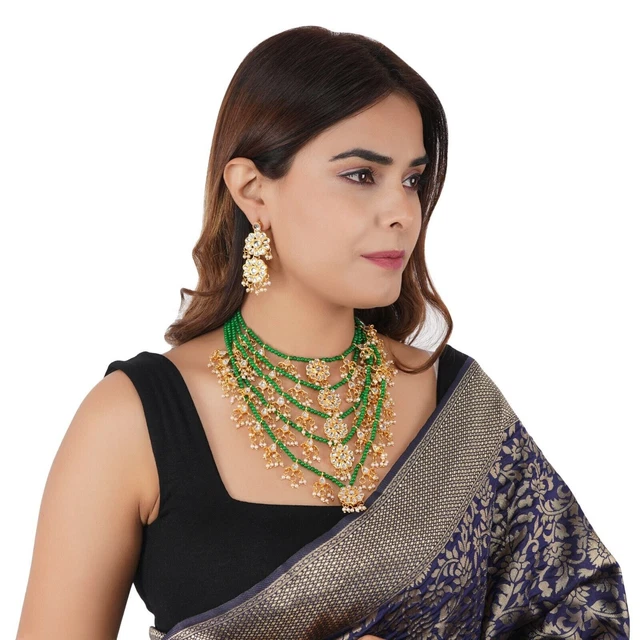 Indian Bollywood Pearl Green Rani Haar Set di gioielli da donna per abiti...