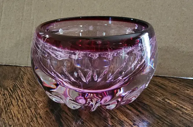 Handmade & Signed cut crystal small bowl in a clear Purple-like colour