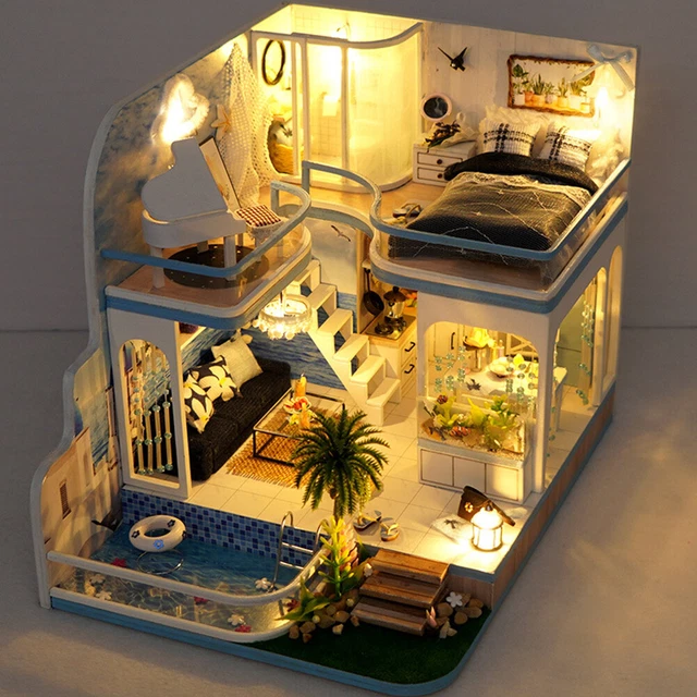 Wooden Model House Kit with Dust Cover/Light/Accessories Gift for Boys Girls