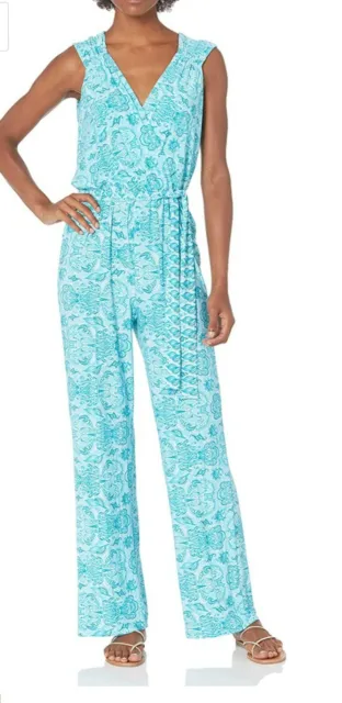 Pappagallo Womens Sleevelees V Neck  Blue Tie Waist Jumpsuit Size S  MSRP $99