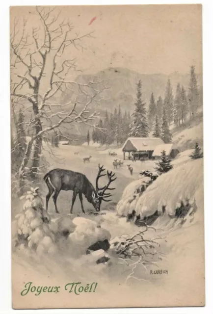AK Weihnachten,  sign. R. Ulreich, Hirsch, Rehe, Futterkrippe, Winterlandschaft
