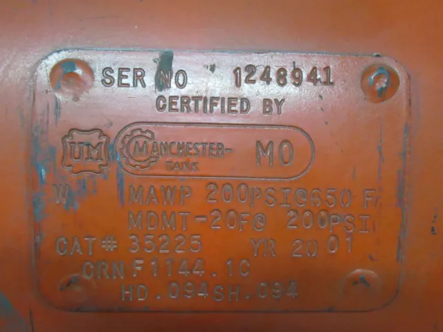 Manchester Tank 35225 Air Tank MAWP 200psi@650F MDMT-20F @ 200psi USED 3