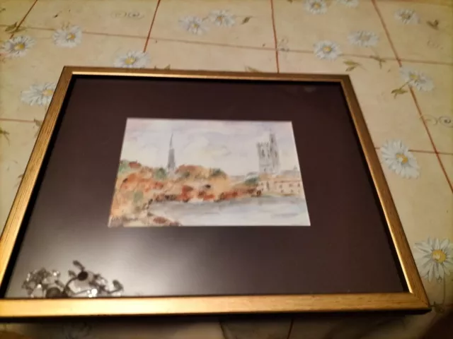 Tableau ancien aquarelle paysage animé signé très bien encadré avec marie louise