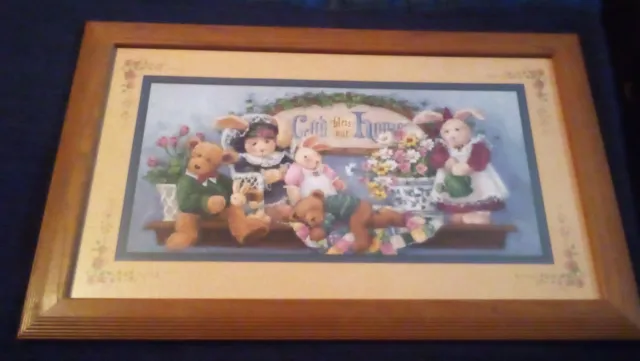 Vtg Homco Home Interiors God Bless Our Home Bunny & Bears On Shelf Picture Nos