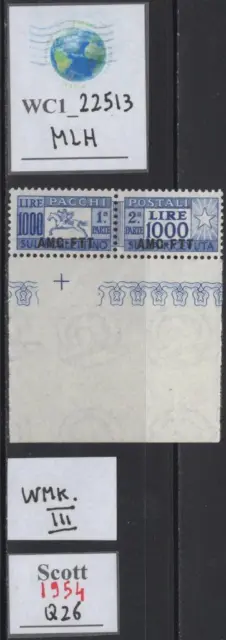 WC1_22513.TRIESTE FTT. 1000 Lire CAVALLINO 1954 parcel post stamp. Sc. Q26. MLH