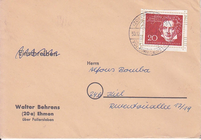 Bund  aus BEETHOVEN - BLOCK Nr:  2 - 20 Pfg. - EINZELFRANKATUR  BRIEF