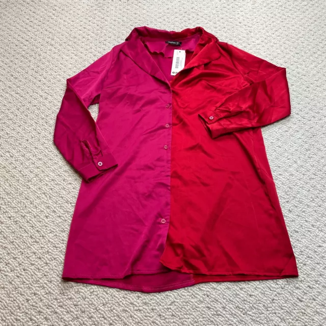 Boohoo Blouse Button Up Shirt Dress Womens 4 Red Pink Satin Tunic New NWT Midi