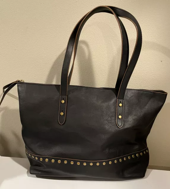 FOSSIL Black Leather Large Tote Bag Shoulder Purse Handbag Stud Embellished Gold