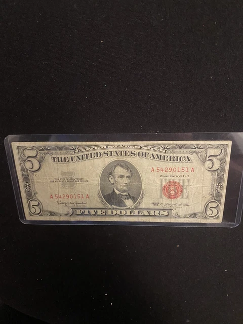 1963 Five Dollar RED Seal Note United States Note Old US Bill $5 Average Circ