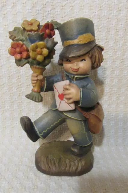 Anri Ferrandiz Wood Carved Figurine The Letter Boy with Flowers & Love Letter 6"