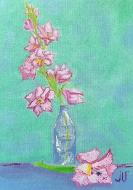 Pintura al óleo Gladiolo en jarrón Pintura al óleo moderna Ramo floral...