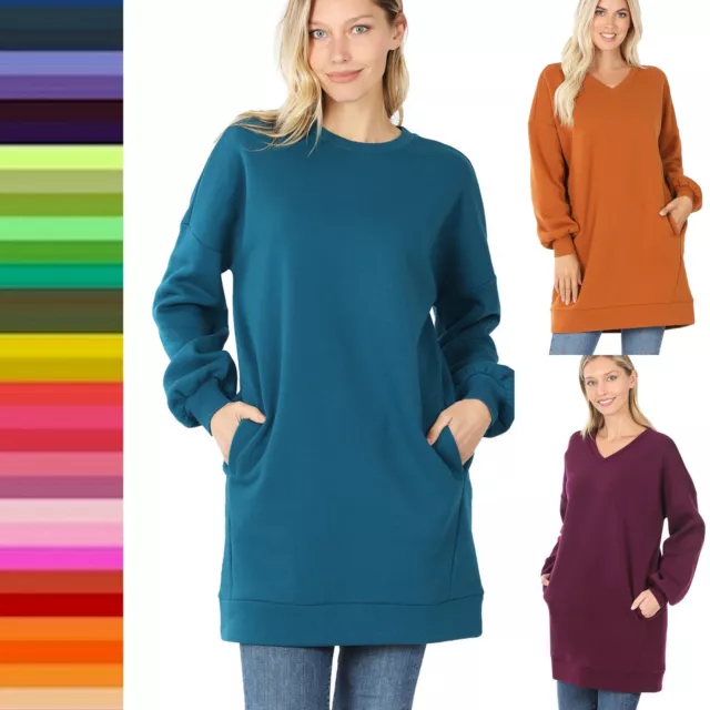 Women Round or V Neck Oversized Loose Fit Warm Fleece Long Sweatshirt w/ Pockets