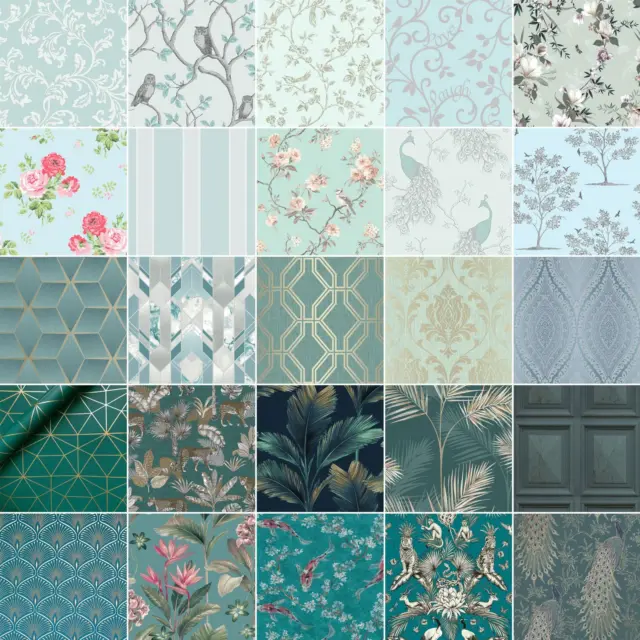 Teal & Green Wallpaper - Animals Stripes Flowers Panel Geometric Metallic + More