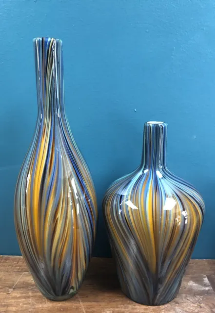 Beautiful Matching Set Of Two Large Colorful Swirl Hand Blown Art Glass Vases