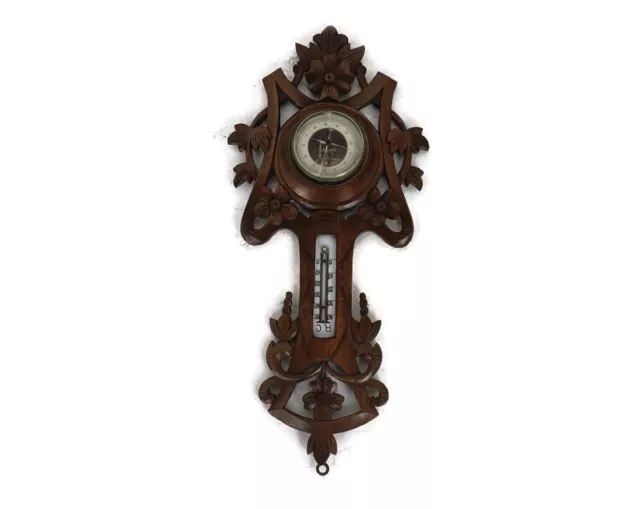 German Hand Carved Wood Barometer Thermometer Weather Station black forest style