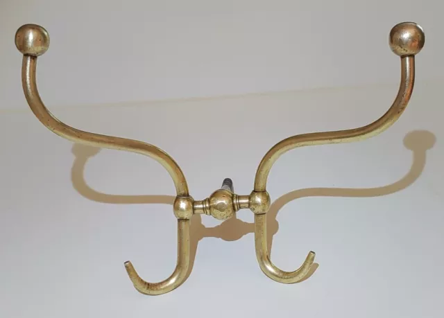 Antique Large Solid Brass Hall Tree Double Hook For Coat & Hat Reclaimed