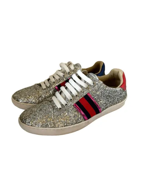 Gucci Ace Lace-Up Low Top Glitter Sneaker Womens Silver Size 39