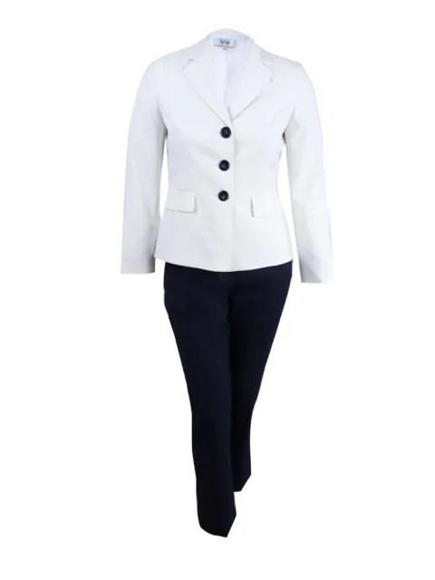 Le Suit Women's Textured Three-Button Pantsuit (10, Vanilla Ice/Navy)