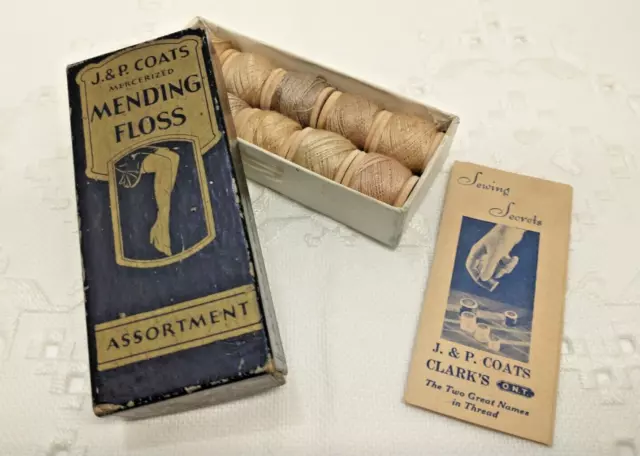 Vtg Original Box J&P Coats Mending Floss w/ 10 Wooden Spools & Sewing Secret