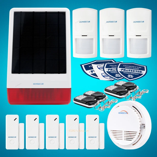 HOMSECUR 120dB Sirène Extérieure Sans Fil+PIR+5*Détecteur de Porte